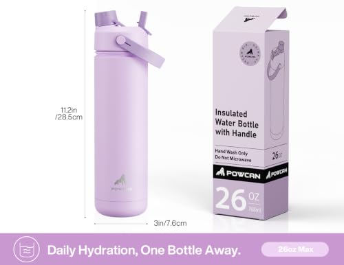 Image of POWCAN 26 oz Insulated Water Bottle with 2-in-1 Straw and Spout Lid, Keep Cold 24H, Leak-Proof, Fits in Car Cup Holder, Stainless Steel Water Bottle for Sports, Travel, Gym, Gift, School (Lavender)