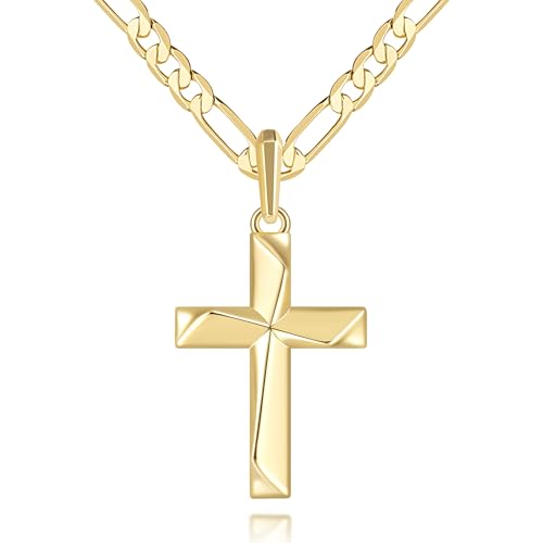 Cross Necklace 14K Gold Cross Necklace for Men Gold Crosses Chain for Men Irregular Cutting Lines with Figaro Chain Mens Crosses Pendant 20/22/24in