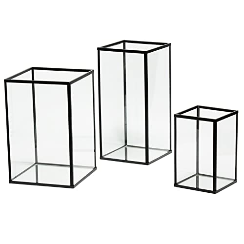 yshengood Large Glass Hurricane Candle Holder Set of 3 PCS, Black Frame and Glass Hurricane Candleholders