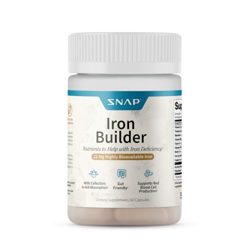 Snap Supplements Natural Iron Builder Supplements, 21mg Iron Pills to Increase Energy, Metabolism & Digestion, Absorbs Quickly Vitamins Organic Nutrients (60 Capsules)