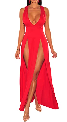 Image of Women's Plus Size Maxi Wrap Dress Sleeveless Deep V Neck Split Dress | Elegant front slit,formal evening, party,club,side split,sleeveless maxi dress