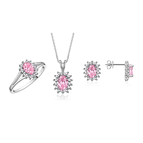 RYLOS Jewelry For Women Sterling Silver Birthstone Jewelry Ring, Earring & Pendant Necklace Gemstone & Genuine Diamonds 6X4MM Pink Ice October Birthstone Womens Jewelry Matching Friendship