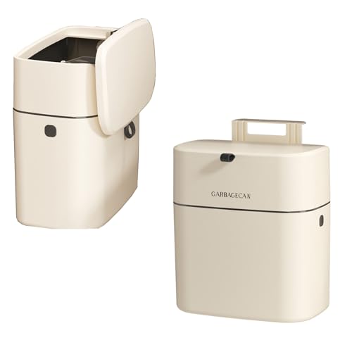 Image of Small Trash Can with Lid - 9L Hanging Trash Can for Kitchen Cabinet Door, Food Waste Bin for Kitchen Counter, Cabinet Bathroom RV Bedroom Camping, Beige (2.4 Gallon)