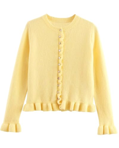 Cioatin Women Y2K Ruffle Knit Open Front Button Down Sweater Cardigan Long Sleeve Crewneck Lightweight Pullover Fall Outfits