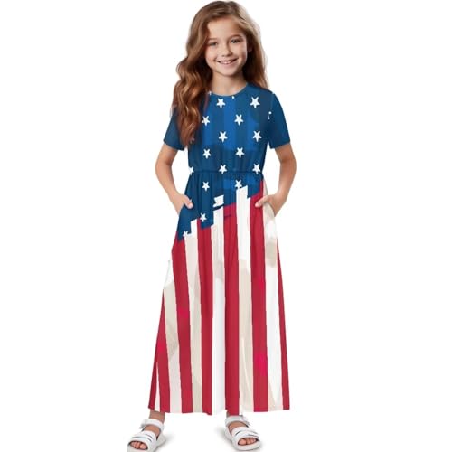 Girl's Dresses Short Sleeve Loose Casual Long Maxi Dress with Pockets Size 5-14 Years