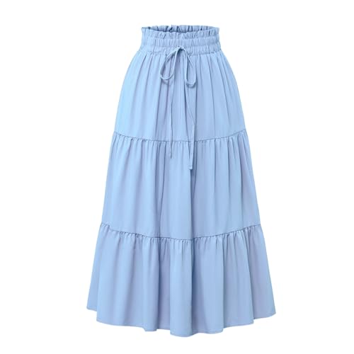 Women's Summer Floral Maxi Skirt Elastic High Waist Flowy Tiered Long Skirts A-Line Boho Skirt with Pockets