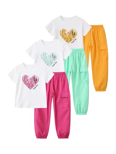 Image of Girls 4 Pieces Outfits Short Sleeve Printed Tee Tops and Pants Set 4-12Y