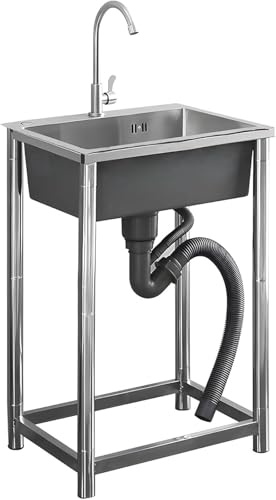 JIESOO Fregadero de cocina de acero inoxidable con grifo de agua fría y caliente, fregadero de lavandería comercial al aire libre para garaje, restaurante, patio trasero (68 x 45 cm)
