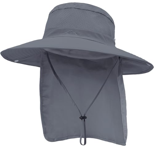 Outdoor Sun Hats with Stowable Neck Flap for Men Women UPF 50+ Mesh Summer Bucket Hat Wide Brim for Fishing Safari Hiking Dark Grey