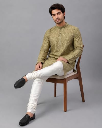 Image of LATEST CHIKAN Men's Silk Chikankari Kurta with Cream Churidar | Festive Set - KP Silk BANARSI