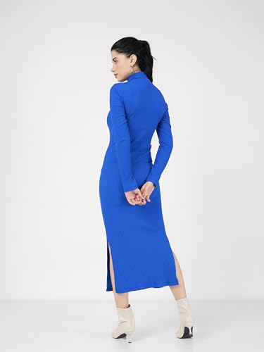 Image of Sassafras Women Bottle Rib High Neck Front Zipper Bodycon Midi Dress