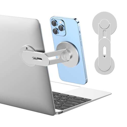 MAGDIGITEH Magnetic Phone Holder for Laptop MagSafe Laptop Phone Mount for iPhone 17/16/15/14/13/12 & All Phones 180Adjustable Magnetic Phone Holder for Tesla Monitor (Silver)