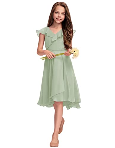 Amazon.com: Kismissal A-Line V-Neck Asymmetrical Chiffon Junior Bridesmaid  Dress Flower Girl Dress for Wedding: Clothing, Shoes & Jewelry