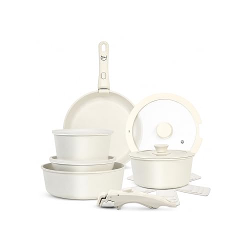 Image of House of Quirk 15-Piece Maifan Stone Nonstick Cookware Set with Detachable Handle | Stackable Pots & Pans Set | Induction & Oven Safe | Space Saving Kitchen Set | Granite Beige