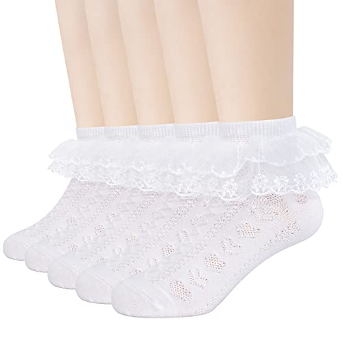 Looching 5 Pairs Toddler Baby Girls Ruffle Lace Socks Eyelet Mesh Cotton Frilly Ankle Soft Dress Kids Princess Socks 2-13T