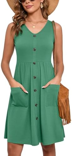 Heymoments Women's Summer Dresses Sleeveless Casual Fashion Loose Swing Button Down Midi Dress with Pockets