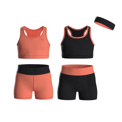 Essenclo Girls Clothing Athletic Sets Sleeveless Crop Tank Tops & Bike Shorts Cheer, Gymnastics, Volleyball Size 3-16 (5 Pcs) - E2108 - Set-3-15-16