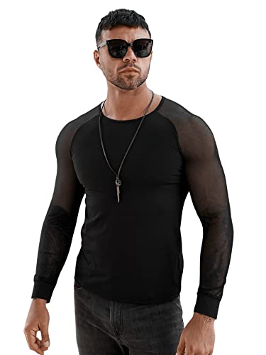 Verdusa Men's Round Neck Mesh Long Sleeve Slim Fit Semi Sheer Tee Shirt Clubwear Top3