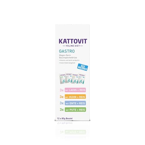 KATTOVIT - Gastro Multipack Nassfutter für Katzen | Zur Unterstützung des Magen-Darm-Systems | Diät-Alleinfuttermittel im Frischebeutel für ausgewachsene Katzen | 12 x 85g