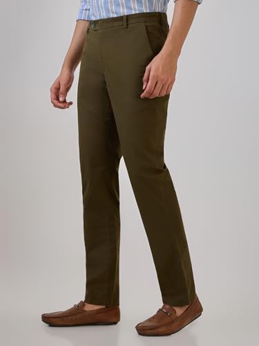 Image of Raymond Men Slim Fit Solid Pattern Cotton Elastane Blend Flat Front Casual Trouser
