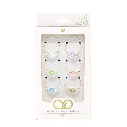 Swarovski Crystal Wine Charms / Drink Markers (Pastel Colors) Set of 6 - Wine Glass Charms by Claim Your Glass C.Y.G. - Storage travel pouch Included