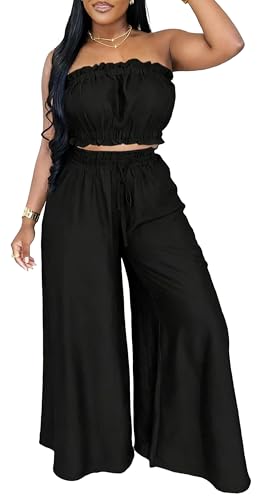 Image of Two Piece Sets for Women Summer Outfits Crop Tops and Wide Leg Pants Sets Sexy Jumpsuits Vacation Outfits with Pockets