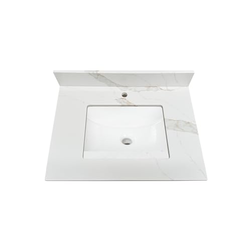 Image of Design House Calesco Calacatta Quartz Bathroom Vanity Top, White with Taupe and Grey Veining, White Bowl, 31 in L x 22 in W x 12.5 in H, with Backsplash, Single Hole, 227900-CC-SH