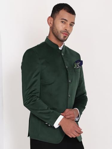 Image of MANQ Men Slim Fit Bandhgala Velvet Blazer - Mandarin Collar, Button Closure, Long Sleeves, Solid Ethnic Winter Wear with Three Pockets for Adults