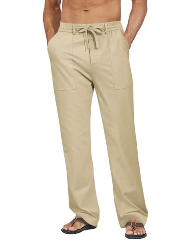 Mens Linen Pants Casual Elastic Waist Drawstring Pants Loose Straight Linen Pant Beach Trousers with 4 Pockets