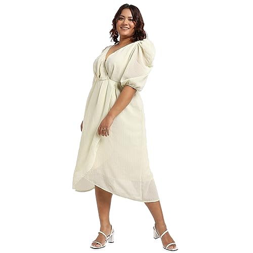 Image of Instafab Plus Women's Baby Pink Petal Hem Dress for Casual Wear | Puff Sleeve | Polyester Fabric | V-Neck Dress Crafted with Comfort Fit for Everyday Wear
