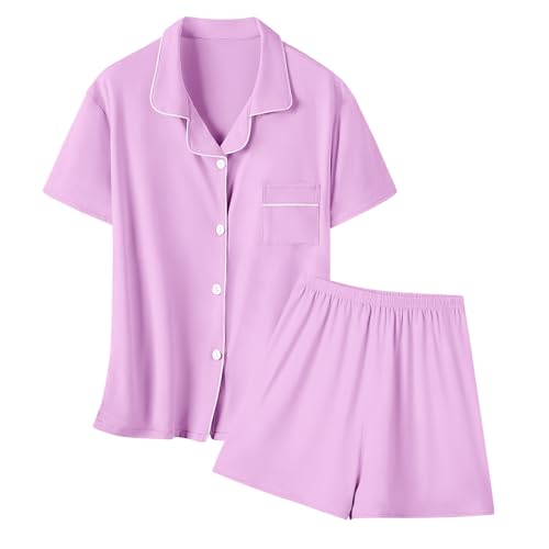 Umeyda Girls Modal Button Down Pajamas Set, 2Pj Nightwear Sleepwear for Teen Kid 2 Pcs Loungewear, Light Purple, 11-12Y = 160
