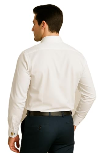 Image of Men's Premium Cotton Formal Dress Shirt - White Collar & French Cuffs with Cufflinks | Solid White, Micro Check & Striped for Office, Wedding