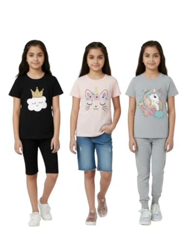 Image of Girls Graphic T-Shirts, 3-Pack, Unicorn Cat Cloud Designs, Short Sleeve, Cotton Blend