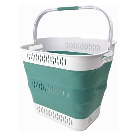 SAMMART 40L (10.5 Gallon) Collapsible Plastic Laundry Basket with Handles - Foldable Pop Up Storage Container/Organizer - Portable Laundry Hamper - Space Saving (1, White/Celadon Green) Cover