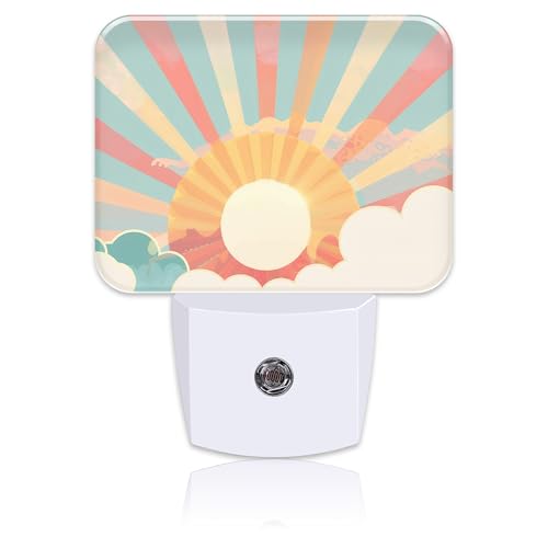 Image of Boho Pastel Sun Night Light Retro Sunrise Nightlight Plug into Wall with Dusk to Dawn Sensor for Kid Girls Boys Women Men Room, Hallway, Kitchen, Bathroom, Stairs Decor