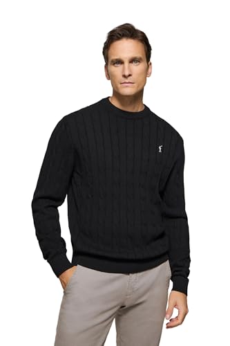 Polo Club Pull en Maille Torsadée pour Homme de Couleur Noire avec Logo et Col Rond