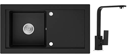 Küchenspüle Schwarz 89 x 49,5 cm, Spülbecken + Wasserhahn Küche + Siphon Klassisch, Granitspüle ab 60er Unterschrank, Einbauspüle von Primagran