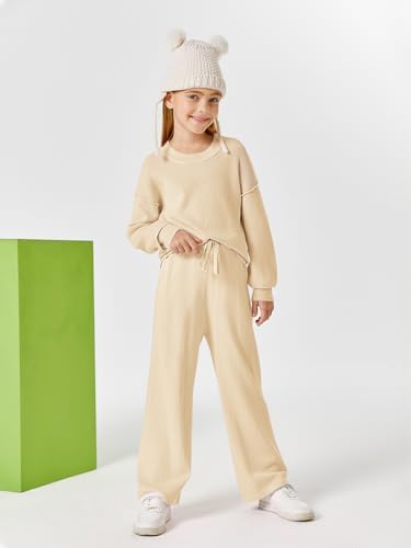 Image of Haloumoning Girls 2 Piece Outfits Kids Long Sleeve Crewneck Sweater Drawstring Wide Leg Long Pants Sweatsuits Sets 5-14T