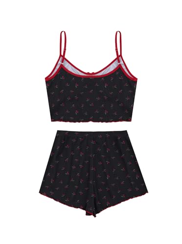 Image of Hilinker Womens Graphic Print Ribbed PJ Set Crop Cami Tops and Shorts Cute Pajamas Set