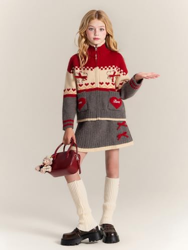 Image of Girls Christmas Outfit Skirt Set,Zip Cardigan Sweater with Skirt 2 Piece Outfit, Fall Clothes for Girls 6-16Y