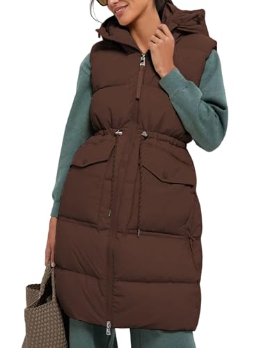 Fiona Jolin 2025 Long Quilted Vest for Women Sleeveless Hooded Drawstring Waist Puffer Vest Padded Coat Winter Outerwear