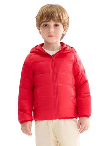 SOLOCOTE Chaqueta Ligera de Plumas para Niños Pequeños Abrigo Acolchado con Capucha Impermeable y Plegable para Niños y Niñas Rojo 7 años