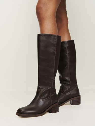 Image of DOEYG Women's Banana Knee High Boots Square Toe Chunky Block Heel Tall Boots Wide Calf Fashion Comfortable Casual Pull on Long Boots