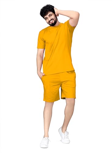 Image of ELLITI Cotton Blend Solid Casual Round Neck Half Sleeve Oversized Co-ord Set Men's, Pyjama Set, Sleepwear Loungewear T-Shirt and Shorts Combo for Men, Night Wear for Men, Night Suit for Men's