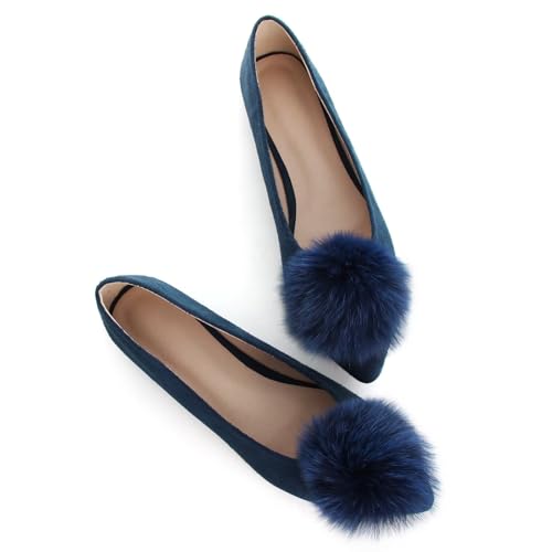 LUXINYU Women's Comfortable Fuzzy Suede Low Heel Pointed Toe Mary Jane Flats Fashion Puff Pompom Dress Shoes Slip On Casual Office Shoes3