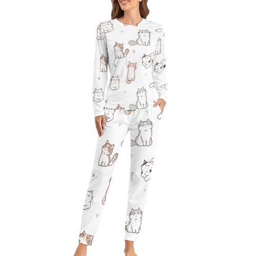 Pyjama femme chat mignon ensemble de nuit manches longues cadeau parfait