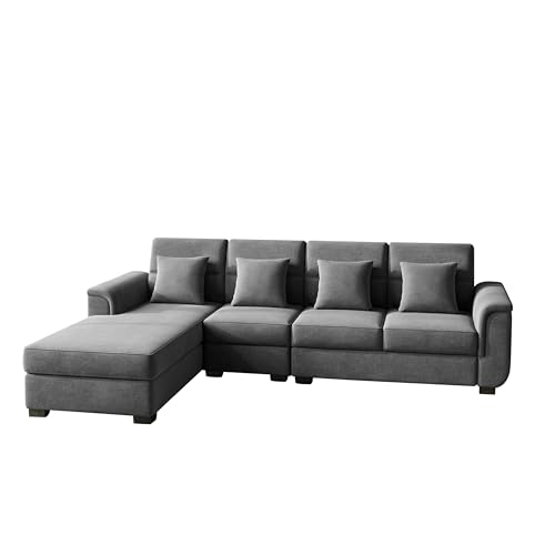 Image of Wood 6 Seater Sofa Set | Velvet Fabric Upholstery | Modern Wooden Frame Sectional Couch with Cushions for Living Room, Home & Office (Grey)