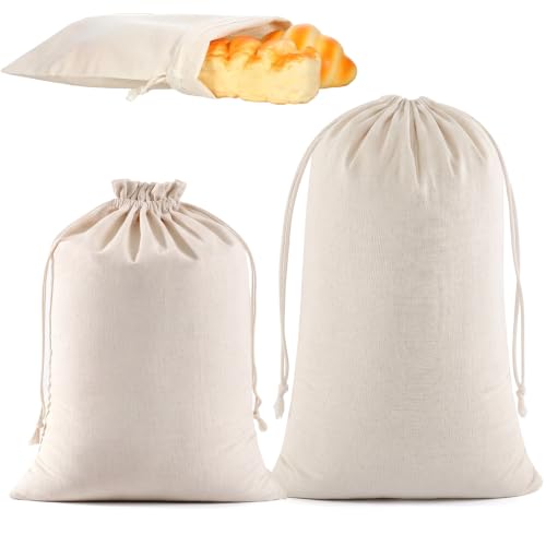 NCEJNY Pack de 2 Bolsas para Pan de Algodón Reutilizables, Bolsa de Tela con Cordón para Pan Artesanal, Baguettes y Cereales, Panera de Tela Transpirable, 30x40cm y 40x60cm
