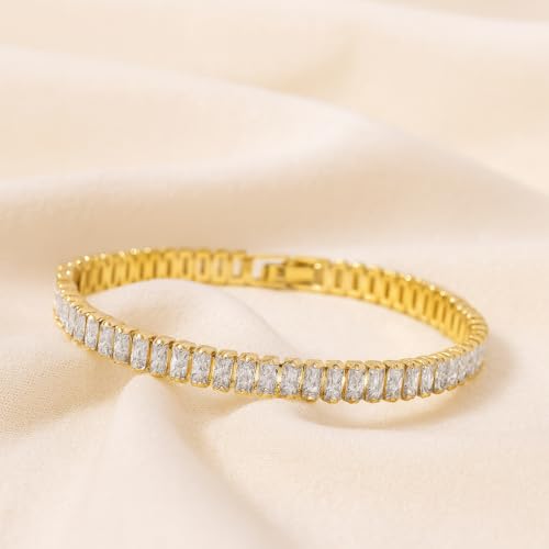 Image of SALVE Baguette Stone Crystal Tennis Bracelet for Women | Aesthetic Accessories for Girls Ladies Bracelet | Fashion Jewellery for Women, Fancy Girls Bracelet Stylish | Valentine's Gift for Girlfriend