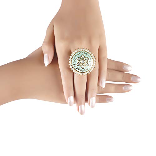 I Jewels Intricately Crafted in Gold Plated Traditional Red Enamel/Meena Work Moti Ring Glided with Uncut Polki Kundans & Edged with Moti for Women/2